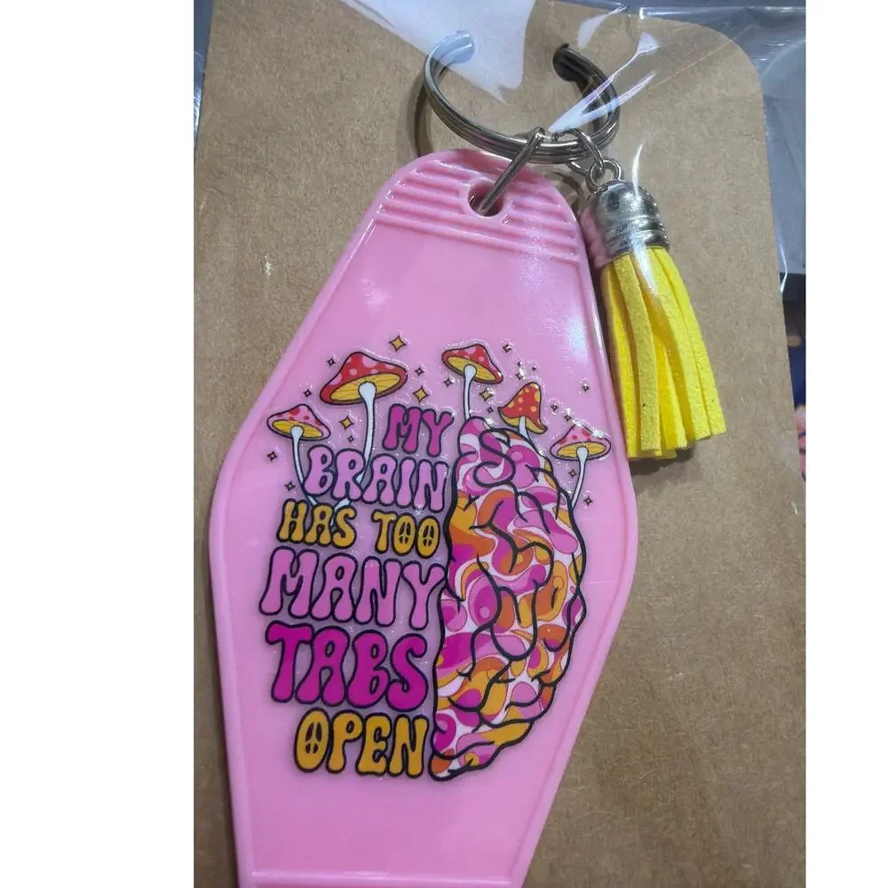 Too Many Tabs Open Pink & Yellow Tassel Vintage Hotel Motel Keychain Key Chain